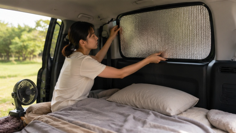 夏の車中泊で窓に遮熱サンシェードを取り付ける日本人女性