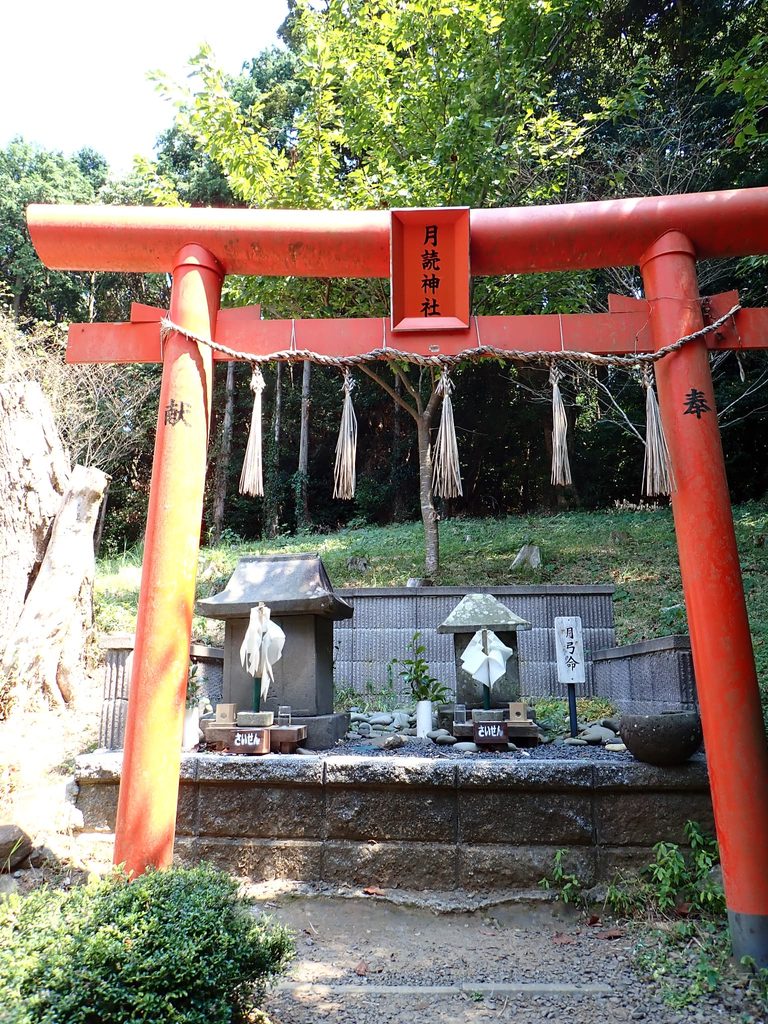 壱岐の月讀神社に建つ朱色の鳥居と境内の祠